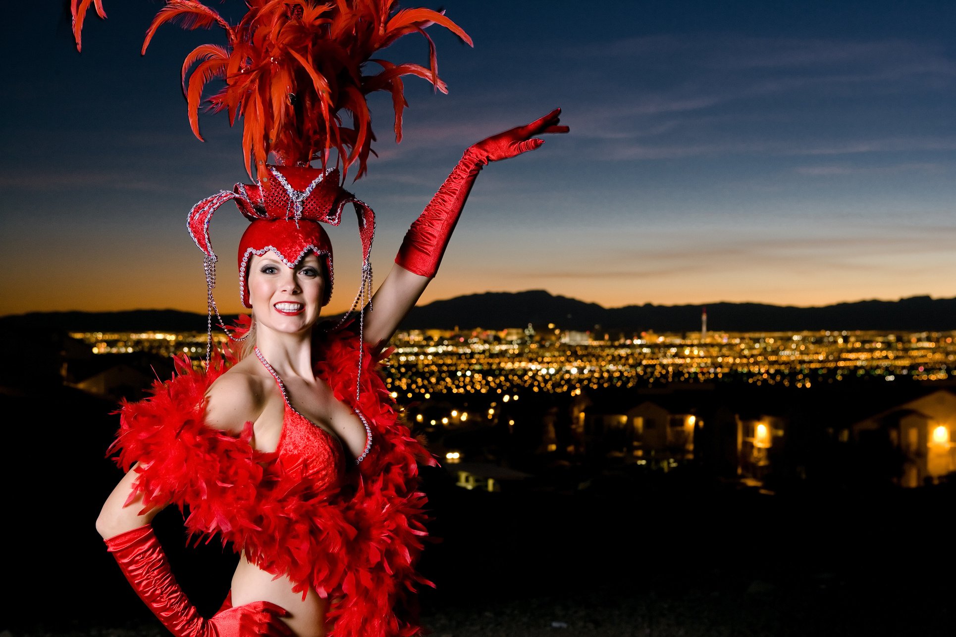 Las Vegas showgirl posing outdoors at night